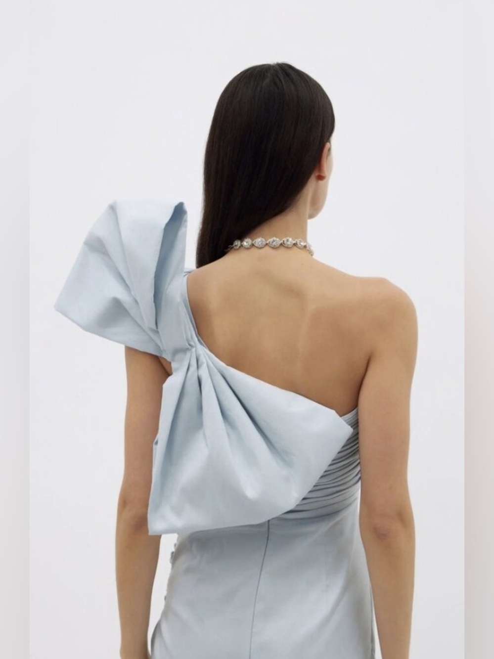 Rachel Gilbert Light Blue One-Shoulder Ruched Gown with Bow - Picture 3 of 13
